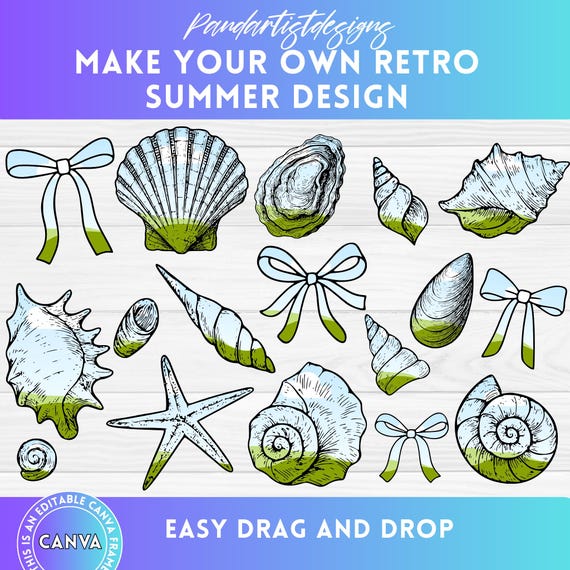 Coquette Seashell Canva Frame Template, Retro Summer, Beach and Coastal Designs Bundle, Summer Coquette Bow, Summer Vibes PNG, Drag and Drop