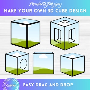 Op de afbeelding: Vijf verschillende ontwerpen voor een 3D-kubus met een achtergrond van lucht, wolken en gras. De tekst "MAKE YOUR OWN 3D CUBE DESIGN" en "EASY DRAG AND DROP" staat bovenaan en onderaan de afbeelding.