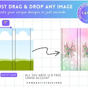 May include: A graphic showing how to create a 2.8 inch by 1 inch repeating pattern using a free Canva account. The graphic shows a 8.5 inch by 11 inch sheet of paper with a 2.8 inch by 1 inch section highlighted. The highlighted section shows a sky with clouds, green grass, and a pink and green bow. The graphic also shows a 2.8 inch by 1 inch section of the final repeating pattern.