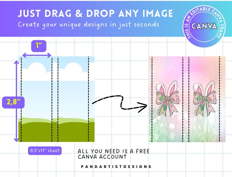 May include: A graphic showing how to create a 2.8 inch by 1 inch repeating pattern using a free Canva account. The graphic shows a 8.5 inch by 11 inch sheet of paper with a 2.8 inch by 1 inch section highlighted. The highlighted section shows a sky with clouds, green grass, and a pink and green bow. The graphic also shows a 2.8 inch by 1 inch section of the final repeating pattern.