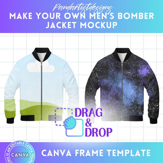 Make Your Own AOP Men's Bomber Jacket Mockup on Canva with Easy Drag and Drop - Editable Canva Frame Template - Transparent overlay - Edit