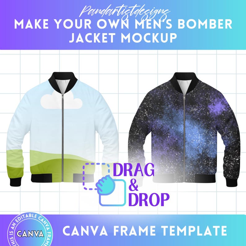 May include: Two bomber jackets, one with a blue sky and green hills design, the other with a galaxy print. The text "DRAG & DROP" is on the image. The text "CANVA FRAME TEMPLATE" is at the bottom of the image.
