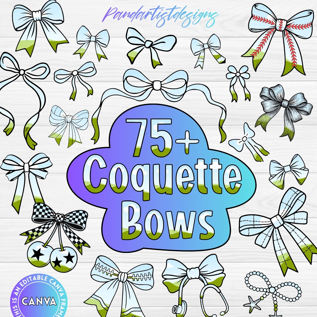 75 Hand Drawn Ribbon Coquette Bow Canva Frames, Mega Bundle, Drag and ...