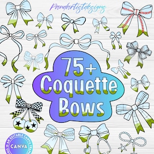 Peut inclure: Une collection de plus de 75 nœuds coquette de styles variés, dont un nœud sur le thème du baseball et des nœuds avec des cerises. Les nœuds sont dans les tons de blanc, vert et noir, avec le texte "75+ Coquette Bows" au centre.