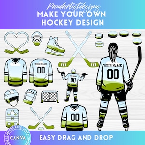 Könnte beinhalten: Ein Satz von Hockey-Grafiken zum Erstellen von benutzerdefinierten Designs. Die Grafiken beinhalten einen Hockeyspieler, ein Trikot, Schläger, Puck und Tor. Der Text "Make Your Own Hockey Design" und "Easy Drag and Drop" ist enthalten.