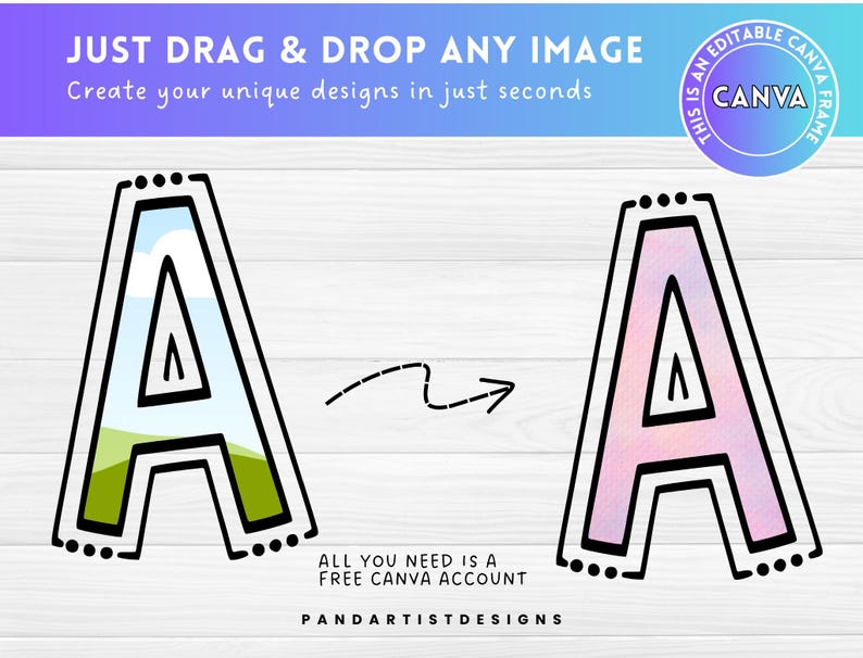 May include: An image showcasing two letter "A" designs. The left "A" has a landscape scene inside, while the right "A" is filled with a pink gradient. Text includes "JUST DRAG & DROP ANY IMAGE" and "Create your unique designs in just seconds."
