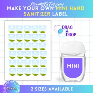 May include: A design for mini hand sanitizer labels. The image features a sheet of labels with a landscape design, a hand sanitizer bottle with a purple label that says "MINI", and the text "MAKE YOUR OWN MINI HAND SANITIZER LABEL".
