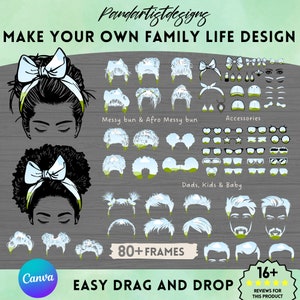 Family life Messy Bun Bundle Canva Frames - Mom Kid and Baby Life Design - Drag and Drop Photo - Sublimation - Afro Sunglasses Cap Bandana