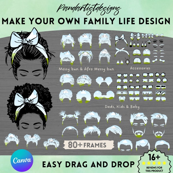 Cadres en toile Bundle Messy Bun La vie de famille - Conception maman, enfant et bébé - Photo glisser-déposer - Sublimation - Casquette de lunettes de soleil afro et bandana