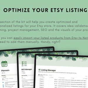 May include: Three computer screens showing a digital planner, SEO manager, and listing manager for Etsy sellers. The screens are on a green background with a tropical leaf pattern. The text on the screens reads "Planners", "SEO Manager", and "Listing Manager".