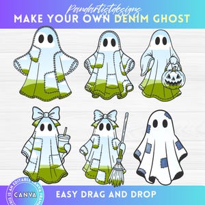 May include: Six cartoon ghost illustrations with a denim theme. Each ghost has a white body with denim patches and green accents. Some ghosts hold a pumpkin, a drink, or a broom. The text "MAKE YOUR OWN DENIM GHOST" and "EASY DRAG AND DROP" are visible.