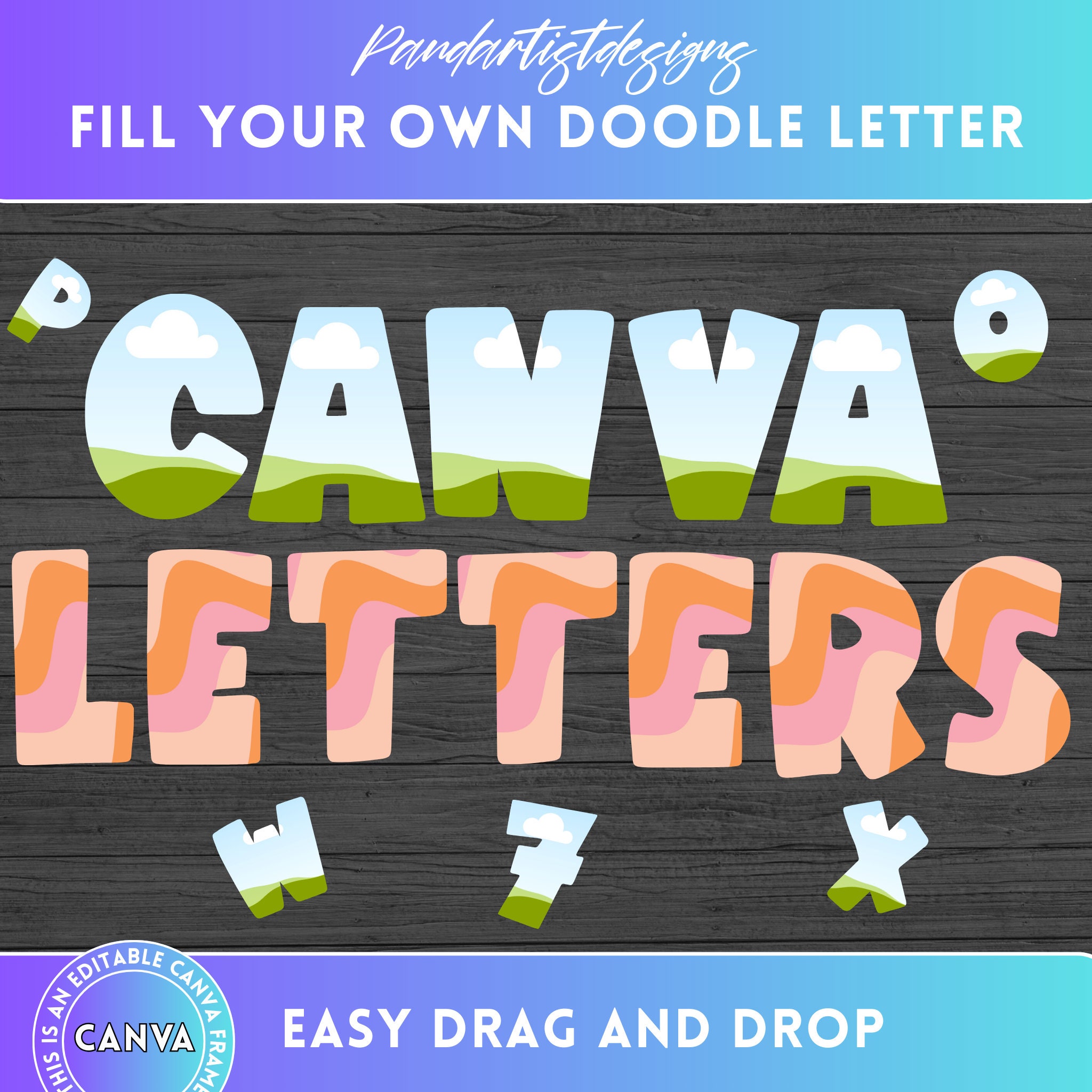 Doodle Blank Letters Number - Canva Frame Template Transparent Alphabet with Drag and Drop -Handrawn Font Design Photo Fill Digital File PNG