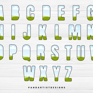 May include: A colourful alphabet with each letter featuring a green field, blue sky, and white clouds. The letters are outlined in black and have a white background.