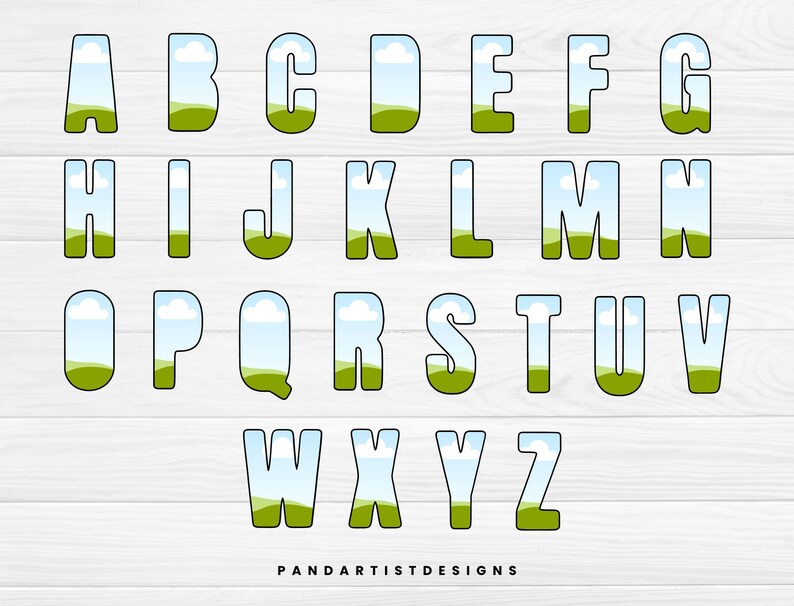 May include: A colourful alphabet with each letter featuring a green field, blue sky, and white clouds. The letters are outlined in black and have a white background.