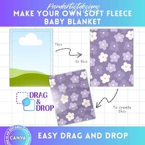 May include: A digital design template for a baby blanket. The template shows a simple landscape with a cloud and a green hill. The user can drag and drop a floral pattern onto the template to create a custom baby blanket. The text "EASY DRAG AND DROP" is at the bottom of the image.