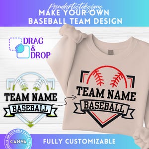 May include: A customizable baseball team design template with a red baseball, black and white outlines, and the text "TEAM NAME BASEBALL". The design is shown on a beige t-shirt.