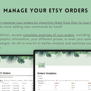 May include: A screenshot of a computer screen showing a Notion workspace for managing Etsy orders. The workspace includes a table with order information, such as date, order number, buyer, and total amount. The workspace also includes a section for analyzing orders by country, promotion campaign, and price range.