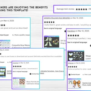 May include: A graphic showcasing customer reviews for digital design templates. The reviews are displayed in colorful boxes with star ratings and comments. The text "DESIGNERS ARE ENJOYING THE BENEFITS OF USING THIS TEMPLATE!" is at the top.
