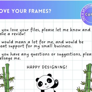 May include: A graphic with the text "LOVE YOUR FRAMES?" and "CANVA". The image includes text encouraging reviews and support for a small business. A panda illustration and bamboo stalks are also present.