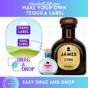 Tequila Label Editable Canva Frame Template for 750mL and 50mL Bottle, Groomsmen Gift Bachelorette Party Gifts for Him Dad, Drag & Drop