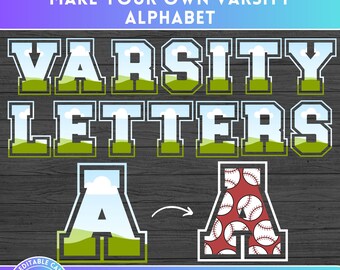 Preencha sua própria letra e números da faculdade no CANVA, arraste e solte, pacote de molduras Canva de esporte universitário, alfabeto de futebol americano de beisebol PNG
