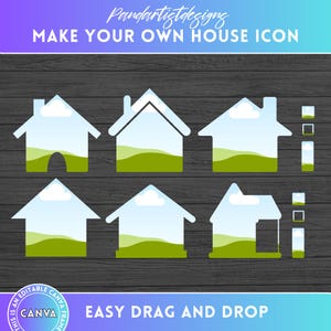 Könnte beinhalten: Digitales Design mit sechs Haus-Icons, jeweils mit einer Landschaftsszene. Der Text lautet "MAKE YOUR OWN HOUSE ICON" und "EASY DRAG AND DROP". Das Design befindet sich auf einem dunklen Holzmaserungshintergrund.