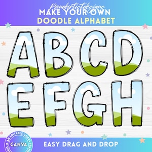 Pode incluir: Um alfabeto doodle com as letras de A a H, com um design de céu e grama. As letras são delineadas em preto e preenchidas com um céu azul e grama verde. O texto "MAKE YOUR OWN DOODLE ALPHABET" está no topo e "EASY DRAG AND DROP" na parte inferior.