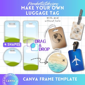 Modelo de etiqueta de bagagem editável Canva, guia de tamanho de etiqueta de viagem, arrastar e soltar, pacote de molduras Canva, ferramenta de impressão sob demanda, sublimação de crachá de trabalho