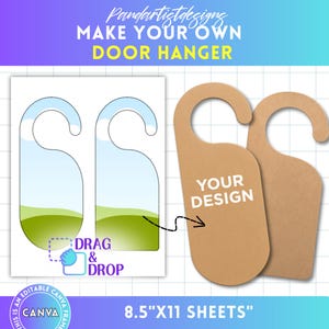 Op de afbeelding: Maak je eigen deurhanger met deze vellen van 21,6 x 27,9 cm. De afbeelding toont twee deurhangers, één met een ontwerp en de andere met een sjabloon. De tekst "DRAG & DROP" en "YOUR DESIGN" zijn zichtbaar. Het Canva-logo is ook aanwezig.