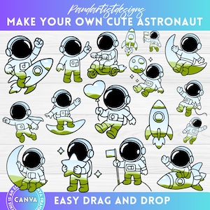 Puede incluir: Colección de ilustraciones de astronautas de dibujos animados en blanco y verde, con varias poses y accesorios como cohetes, una luna y un globo en forma de corazón. También está presente el texto "MAKE YOUR OWN CUTE ASTRONAUT" y "EASY DRAG AND DROP".