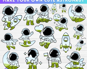 Leuke astronaut CANVA Frames-bundel, astronaut met raket, clipart van de kosmische ruimte, heelal png, zonnestelsel-svg, slepen en neerzetten, sublimatie