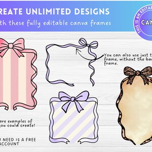 Puede incluir: Cuatro dise&ntilde;os de marcos Canva diferentes con lazos. Los marcos son rosa, morado y marr&oacute;n con rayas blancas. El texto dice "Crea dise&ntilde;os ilimitados con estos marcos Canva totalmente editables." y "Tambi&eacute;n puedes usar solo el marco del lazo, sin el marco de fondo."