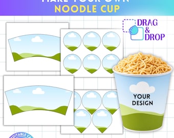 Noodle Cup Template, Ramen Cup Wrapper and Lid Template, Canva Template, Drag and Drop, Printable Party Favor, Small, Medium And Large