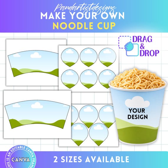 Noodle Cup Template, Ramen Cup Wrapper and Lid Template, Canva Template, Drag and Drop, Printable Party Favor, Small, Medium And Large