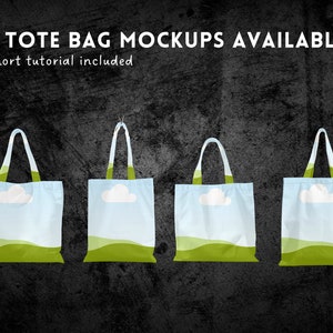 May include: Four tote bags with a sky blue background and green grass design. Each bag has a white cloud graphic. The bags are hanging from a hook on a dark gray textured background.