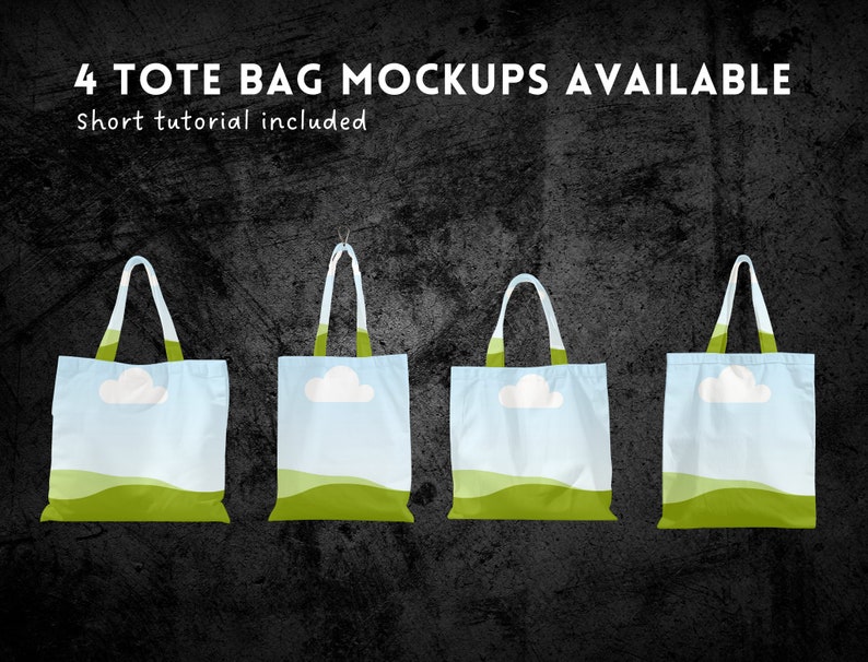 May include: Four tote bags with a sky blue background and green grass design. Each bag has a white cloud graphic. The bags are hanging from a hook on a dark gray textured background.
