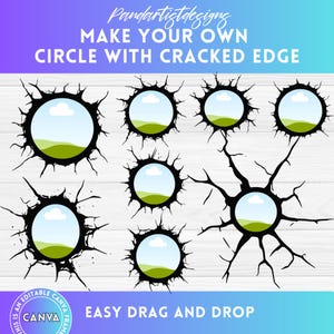 May include: Set of 7 black and white circle frames with a cracked edge effect. Each frame has a green field and a blue sky with a white cloud inside. The text "MAKE YOUR OWN CIRCLE WITH CRACKED EDGE" is at the top of the image. The text "EASY DRAG AND DROP" is at the bottom of the image.