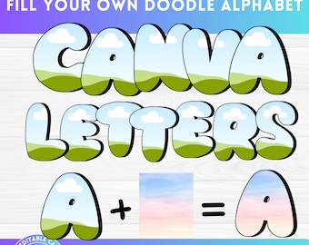 Bubbly Canva Frames Alphabet, Fill your own Uppercase Bubble Letters & Number, Drag and Drop, Sublimation Design Template, Block Shadow