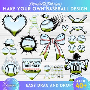 May include: A set of 40+ baseball-themed digital clipart images for use in crafting projects. The images include baseballs, bats, a heart, a bow, a baseball player, and a baseball-shaped sign with the text "YOUR TEXT BASEBALL".