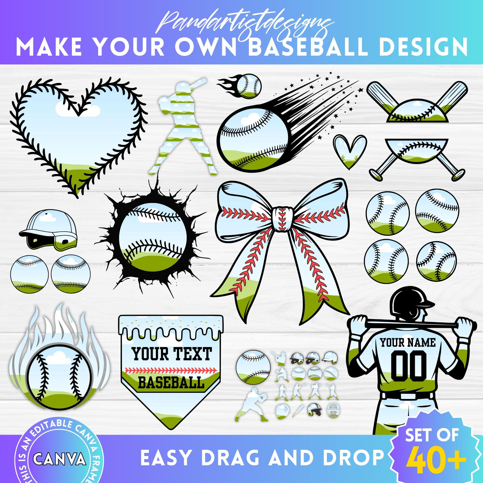 Baseball Editable Canva Frames Bundle, Baseball Coquette Bow, Drag and ...