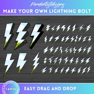 Puede incluir: Una descarga digital de 20 ilustraciones de rayos diferentes en negro, blanco y azul. Las ilustraciones son de varios tamaños y estilos, incluyendo un rayo grande con un cielo azul y nubes blancas. El texto "MAKE YOUR OWN LIGHTNING BOLT" y "EASY DRAG AND DROP" están en la parte superior e inferior de la imagen.