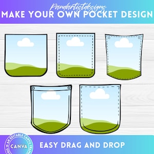 Puede incluir: Cinco diseños de bolsillo diferentes con un cielo azul, nubes blancas y hierba verde. El texto "MAKE YOUR OWN POCKET DESIGN" está en la parte superior de la imagen. El texto "EASY DRAG AND DROP" está en la parte inferior de la imagen.