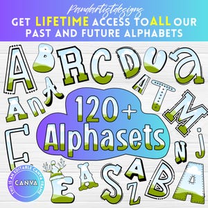May include: Digital design featuring various alphabet letters in a playful style. The image includes the text "GET LIFETIME ACCESS TO ALL OUR PAST AND FUTURE ALPHABETS" and "120+ Alphasets". The letters are outlined in black with green and white accents.