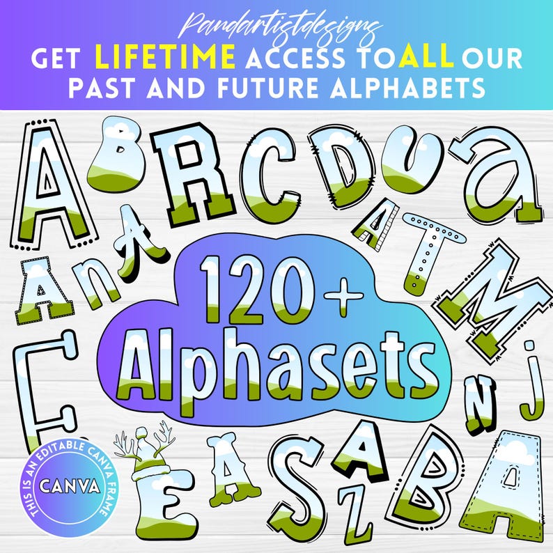 May include: Digital design featuring various alphabet letters in a playful style. The image includes the text "GET LIFETIME ACCESS TO ALL OUR PAST AND FUTURE ALPHABETS" and "120+ Alphasets". The letters are outlined in black with green and white accents.
