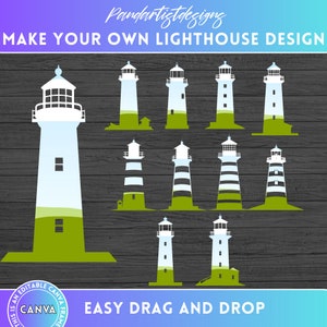 May include: A set of 10 different lighthouse designs in various styles, including striped, solid, and with different coloured accents. The lighthouses are on a woodgrain background. The text "MAKE YOUR OWN LIGHTHOUSE DESIGN" is at the top of the image. The text "EASY DRAG AND DROP" is at the bottom of the image.