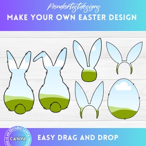 May include: A set of six printable Easter bunny and egg cutouts. The cutouts are in black and white and feature a bunny with long ears, a bunny with short ears, a bunny head, a pair of bunny ears, and an egg. The cutouts are on a white woodgrain background.