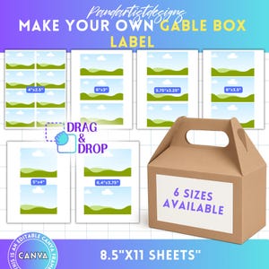 以下が含まれることがあります： 茶色のゲーブルボックスと「6サイズ利用可能」と書かれた白いラベルのグラフィック。画像には、10.16cm x 6.35cmや15.24cm x 7.62cmなどの寸法を持つラベルテンプレートも表示されています。「Make Your Own Gable Box Label」と「8.5"x11 Sheets」というテキストが含まれています。