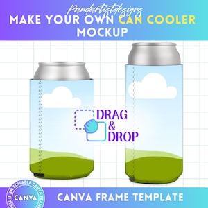 Can Cooler Sleeve Mockups, Slim Can Cooler Mockups, 12oz Can Cooler Canva Frame Mock-up, Drag and Drop, Bottle Cooler Product Display