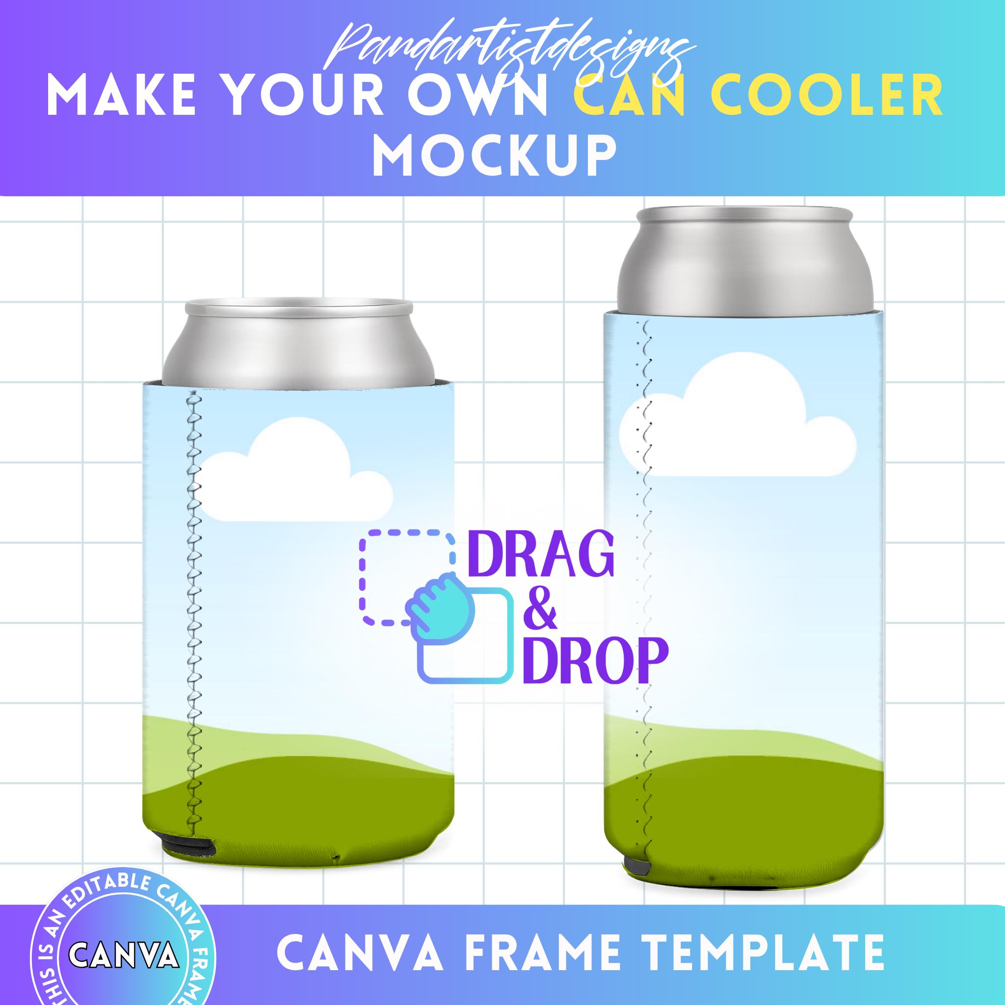 Can Cooler Sleeve Mockups, Slim Can Cooler Mockups, 12oz Can Cooler Canva Frame Mock-up, Drag and Drop, Bottle Cooler Product Display