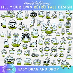 Puede incluir: Una colección de elementos de diseño retro de otoño en verde y blanco, incluyendo fantasmas, calabazas, gatos y hojas. El texto "FILL YOUR OWN RETRO FALL DESIGN" y "EASY DRAG AND DROP" son visibles. El diseño es editable en Canva.
